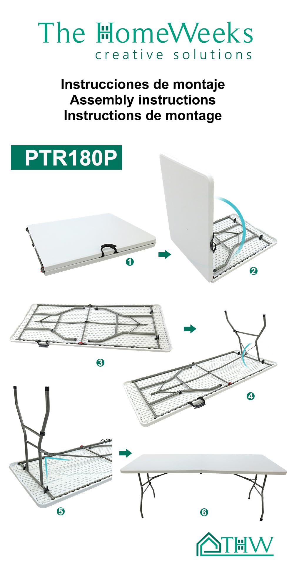 The Homeweeks Mesa Plegable Solid 180cm Portátil | Normativa Uso Público Interior/Exterior | Tablero Resina HDPE 3,5cm | Capacidad 6/8 Personas y Carga 150 kg | Multiuso