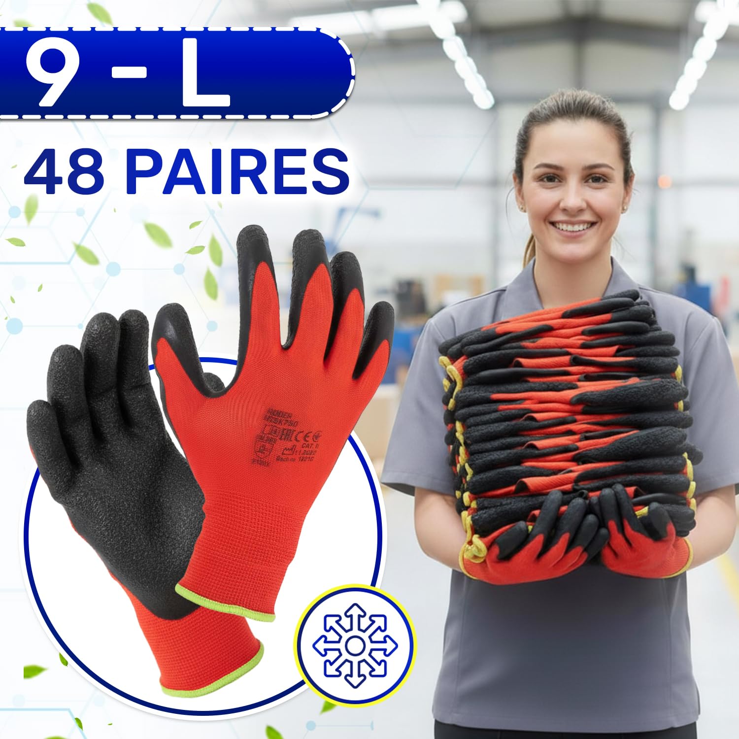 48 Paires Gants de Travail 9 L Protection Cat II de Latex Anti-Slip