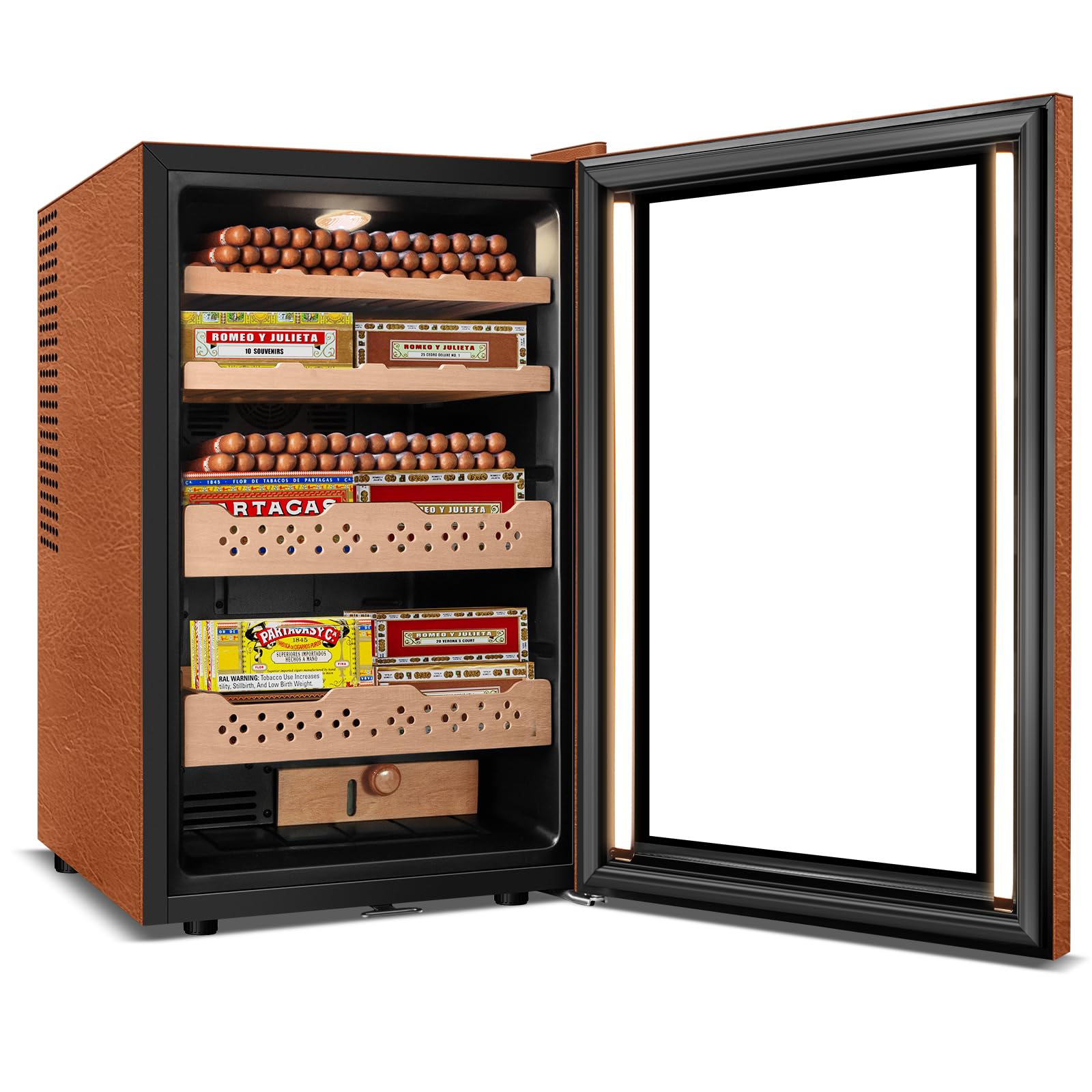 Tylza Leather Trim Cigar Humidor, 70L Cigar Humidor Cabinet with Auto Humidity &amp; Temp Control, 550 Counts, 3 LED Lights, Spanish Cedar Wood, Cigar Humidors with Safety Lock, Gifts for Men