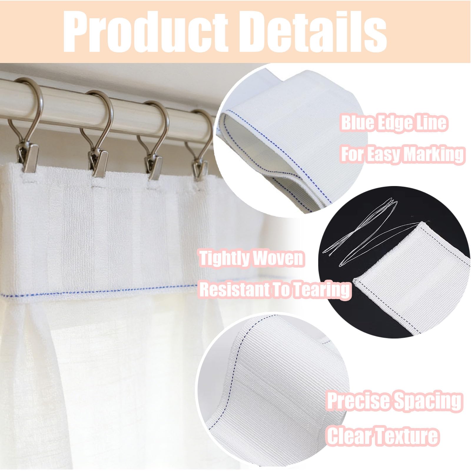 60 m x 7 cm - Blanc - Ruban de rideau à coudre - Ruban de fixation de rideau - Ruban fronceur - Ruban plissé - Ruban en tissu polyester - Ruban universel pour rideaux, bricolage