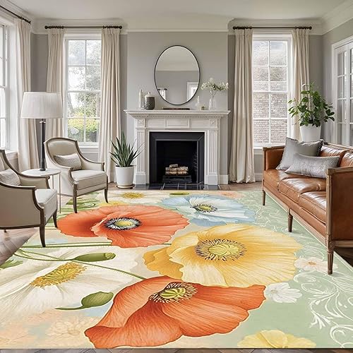 Miniatura 2 de 5x8 Area Rugs, Retro Spring Floral Non-Skid Rubber Backing Large Rectangle Rugs - Living Room Bedroom Home Office, Watercolor Summer Flower