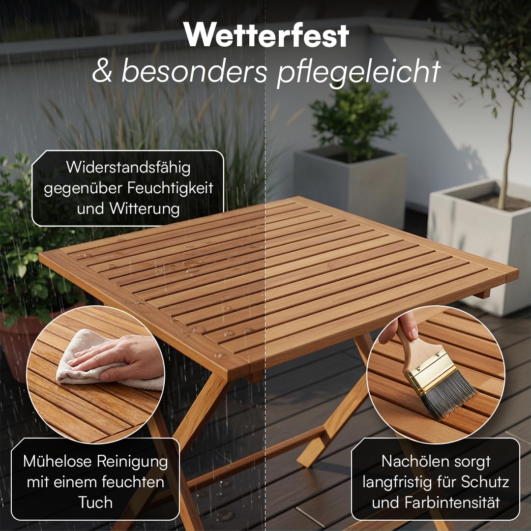 STEELSØN Lystra Gartentisch – Balkontisch 70x70 cm aus Akazienholz geölt – Klapptisch wetterfest bis 80 kg belastbar – Esstisch Garten klappbar – Outdoor-Tisch klein – Holztisch Terrasse – Gartenmöbel
