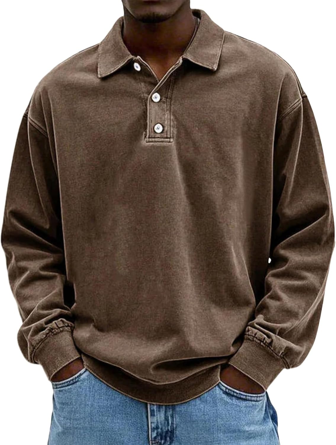 Long Sleeve T-Shirts for Men Classic Washed Polo Shirts Retro Distressed Golf Top Summer Casual Button Lapel Tee Tops