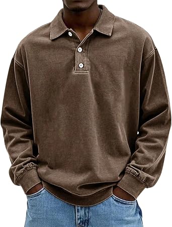 Long Sleeve Polo Shirts for Men Distressed Washed T-Shirts Retro Casual Button Polo Tee Lightweight Collared Golf Shirt