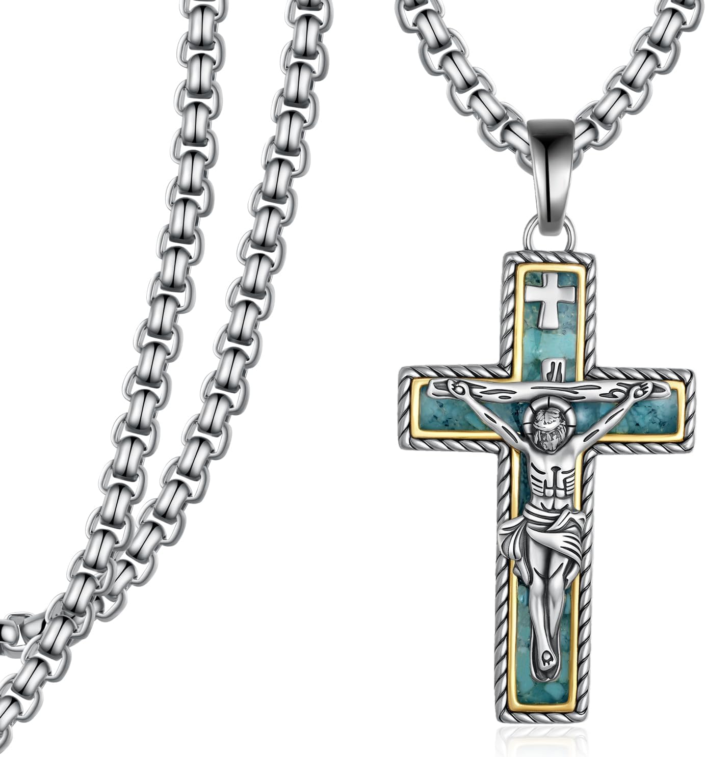 Crucifix Necklace 925 Sterling Silver Jesus Cross Pendant Turquoise Cross Necklace Religious Gifts for Women Men Women
