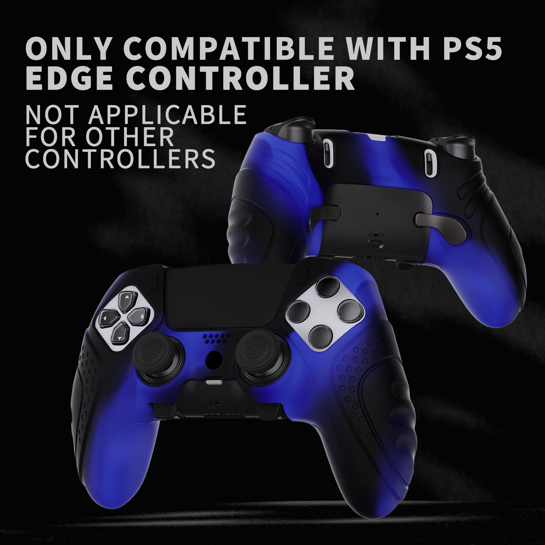 PlayVital Skórki do PS5 Edge, Miękkie Silikonowe Ergonomiczne Ochronne, Nakładki Kciuki - Niebieski & Czarny (Guardian Edition)