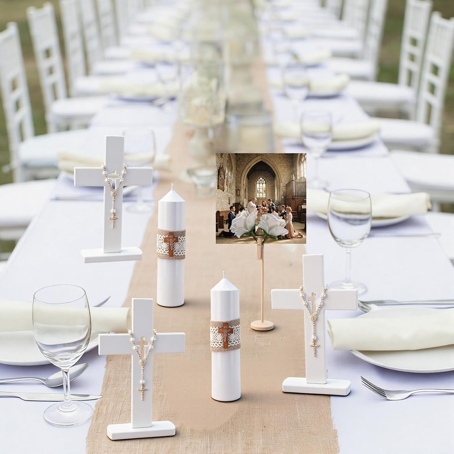 Liliaafar 4 Sets Cross Table Decor Baptism Centerpieces Sets Confirmation Candle Standing Cross with Jhs Candles First Communion Table Decor for Wedding Baby Shower Christening Church