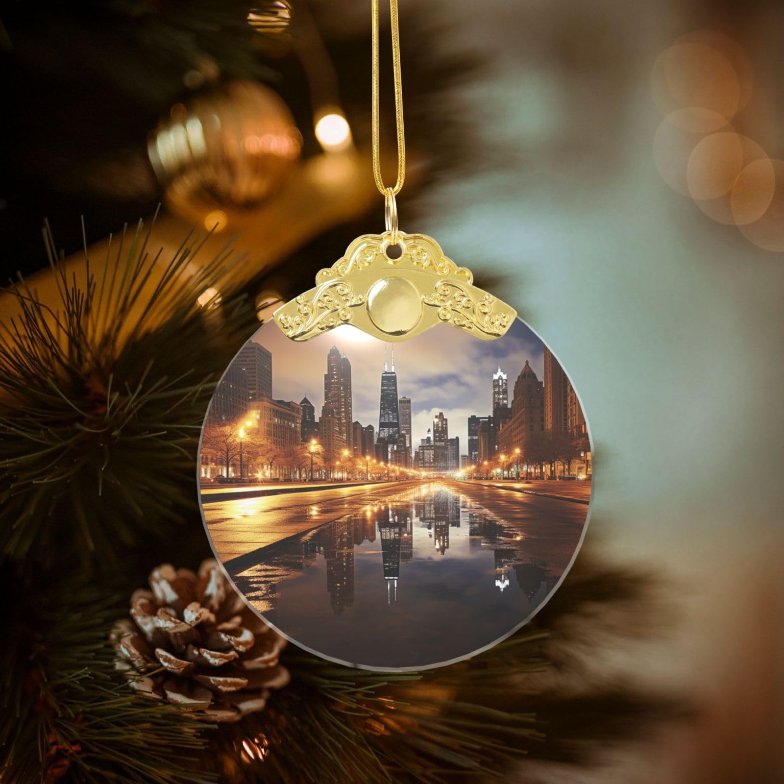 Crystal Christmas Ornaments for Christmas Tree Decoration Hanging Chicago Ornament with Gold Ribbon Crafts Round Pendant for Keepsake Gifts Glass Xmas Decor Party Supplies