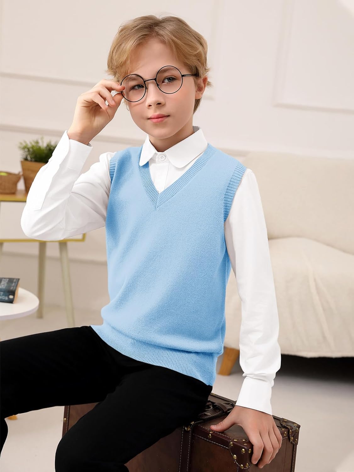 Boys Sweater Vest Kids Solid School Uniform Sleeveless Knit Sweaters Tops 5-14 Years - Image 2