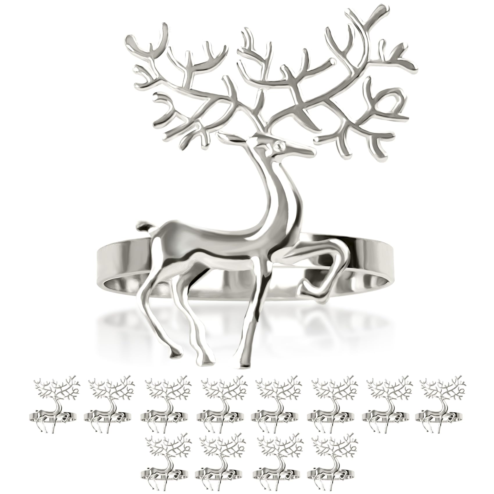 LARDUX 12 PCS christmas deer napkin ring-Hollow Out Floral Buckles Decor Favor for Wedding Holiday Banquet Dinner Christmas Table Gold Silver (Deer-Silver)
