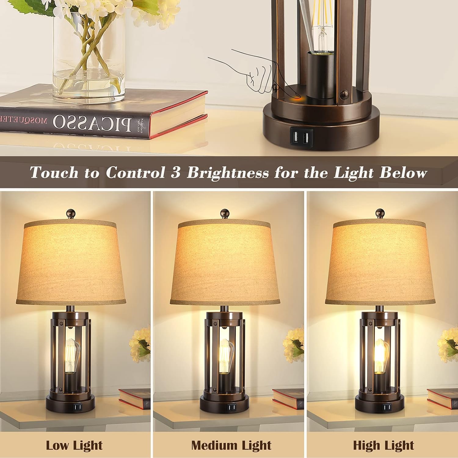 Set of 2 Table Lamps with USB Ports, 3-Way Dimmable Farmhouse Touch Lamps, Bedside Lamp for Bedroom with AC Outlet, Modern ORB Nightstand Lamps Desk Lamp for Living Room Reading, Bulbs Included : Everything Else