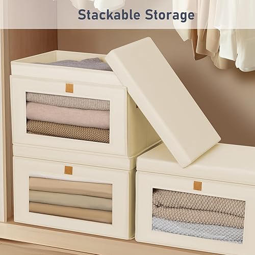 Miniatura 7 de DIMJ Contenedores de almacenamiento con tapas, paquete de 4 organizadores grandes de tela con ventana y asas, cajas de almacenamiento decorativas