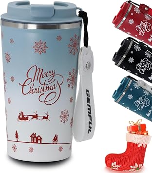 GEMFUL 17oz Insulated Chirstmas Travel Coffee Mug BPA Free Double Wall Stainless Steel Coffee Tumbler Cup Leakproof for Wife, Friend or Co-worker Winter Xmas Gifts Blue/White
