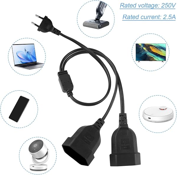 Prolunga Spina Piatta 2 in 1 Prolunga Piatta 250 V/2.5 A per Elettrodomestici TV PC Monitor Proiettore Casa Ufficio (50 CM/Nero) - 5