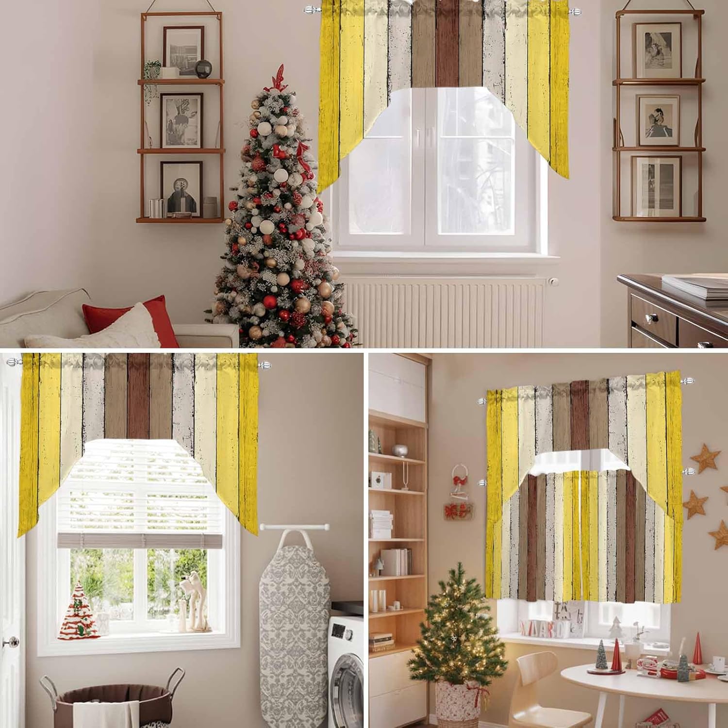 Yellow Brown Wooden Swag Kitchen Curtains Valance and Tier Set 24 Inch Length, Vintage Rustic Farmhouse Wood Plank Rod Pocket Swag Curtains for Living Room Bedroom Bathroom Window Drapes 3 Piece