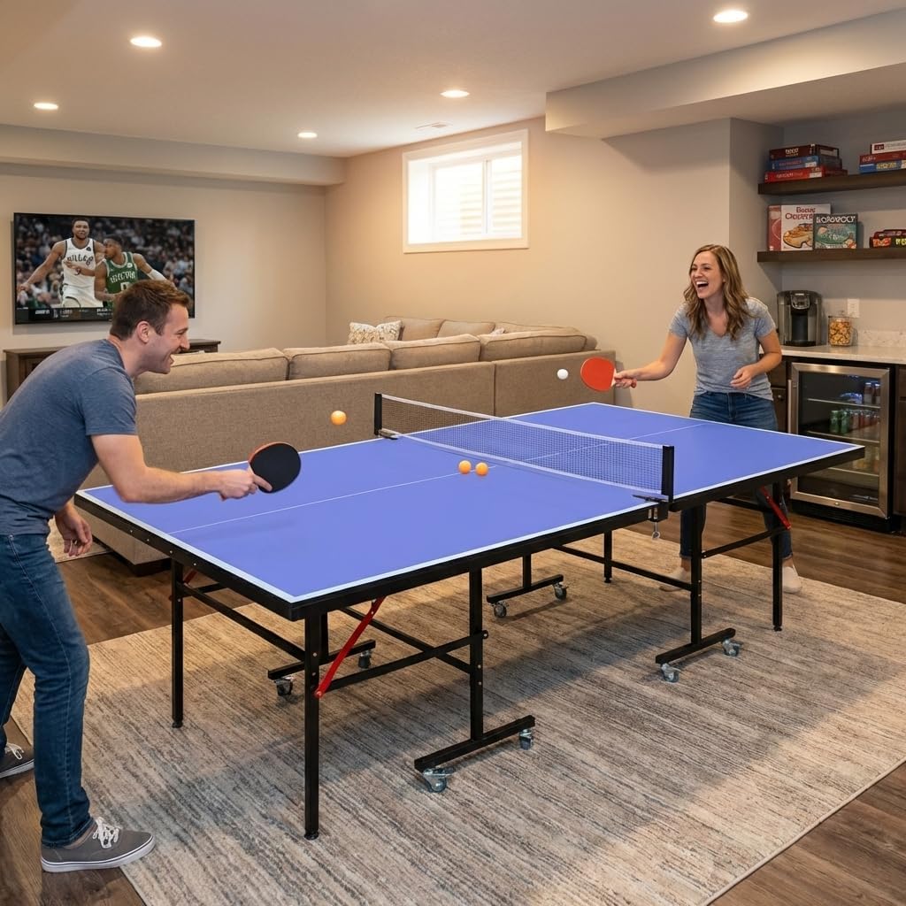 8ft Mid-Size Table Tennis Table, Foldable Portable Ping Pong Table Set with Net, 2 Paddles and 3 Balls for Indoor, Compact Design for Home Office or Apartment Use