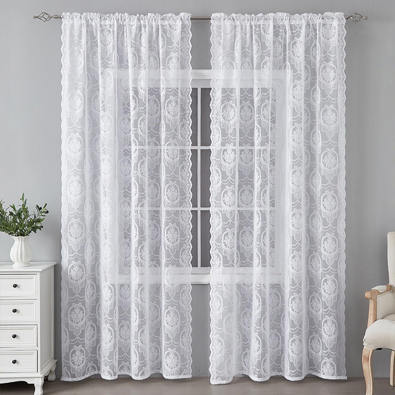 Französische Spitzenvorhang Durchlässig Spitzenvorhang 2 Stück Spitzengardinen Gardinen Vintage-Fensterbehandlung Ösenvorhang für Wohnzimmer Schlafzimmer, White-Breite 132CM, Länge 160CM