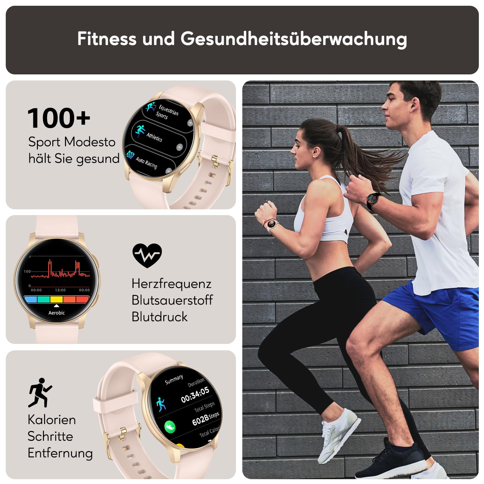 AcclaFit Smartwatch Damen Herren, 1.38 Zoll HD-Display Smart Watch mit Bluetooth Anrufe, Fitness Tracker mit Herzfrequenz SpO2 Schlafmonitor Schrittzähler, IP68 Wasserdicht Fitnessuhr für iOS Pink