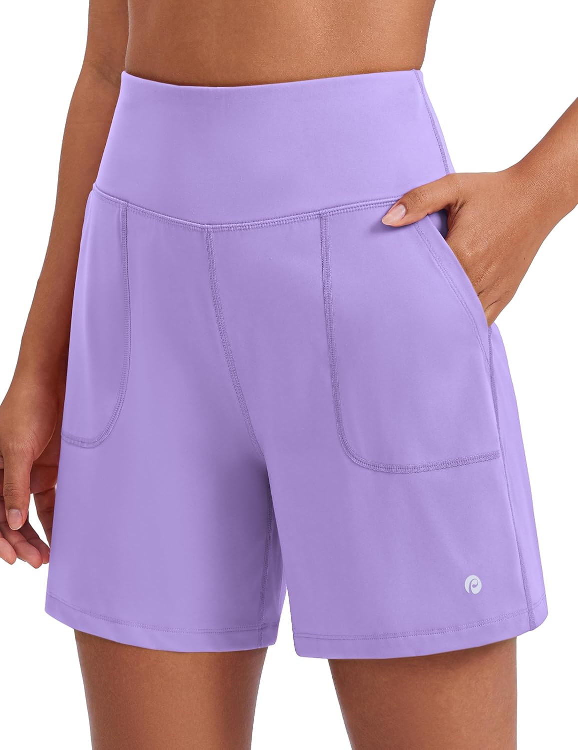 PINSPARK Women's Athletic Shorts 6" High Waisted Yoga Shorts with Pockets Soft Tummy Control Workout Running Shorts for Gym