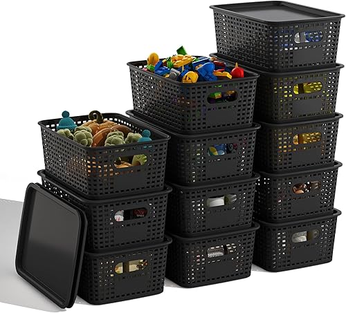 Miniatura 10 de Cestas de almacenamiento de plástico coloridas con tapas, paquete de 12 contenedores apilables para organización de estantes, cajas de