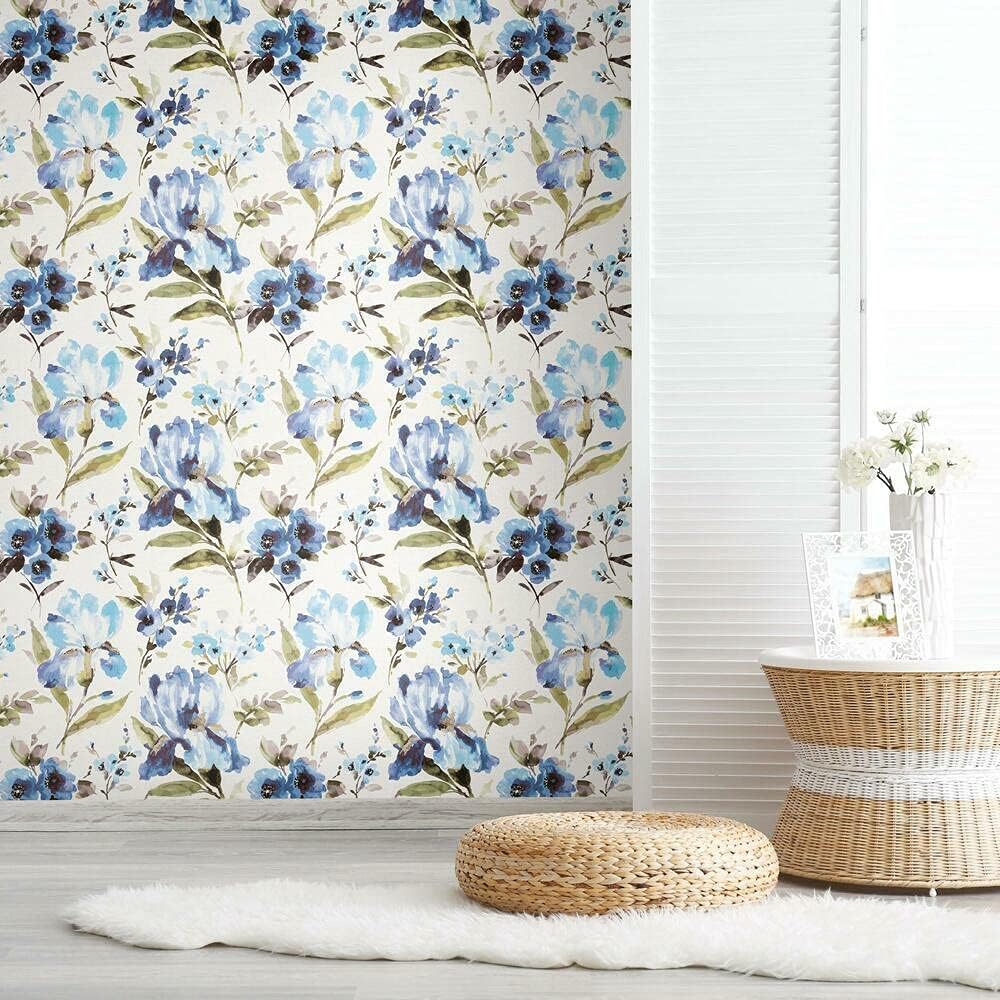 RoomMates RMK11301RL Blue Iris Floral Peel and Stick Wallpaper