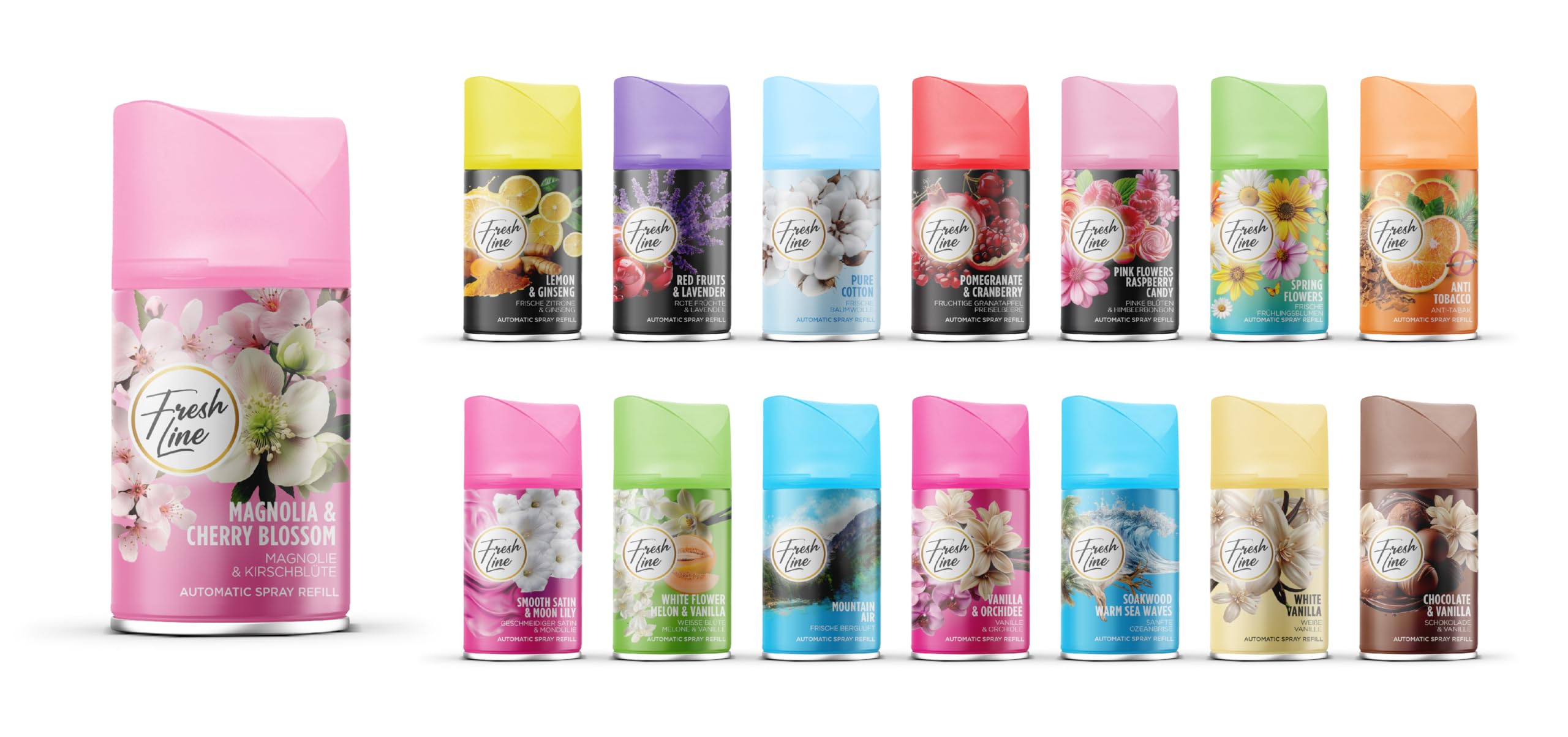 Fresh Line Lufterfrischer Set MIX PAKET 24 er Pack Aromatischer Raumduft passend für alle Automatische Duftspender, Sprühgeräte, Maschinen, Erfrischendes Aroma, Duftintensität, Zeit Einstellung