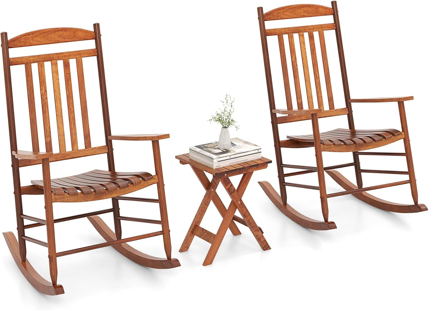 HAPPYGRILL 3 Pieces Poplar Wood Rocking Bistro Set, High Back Rocker Chairs with Folding Coffee Table, Outdoor Patio Conversation Furniture Set for Front Porch, Balcony, Garden & Backyard