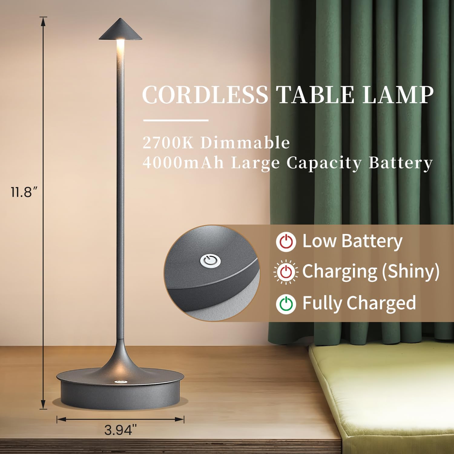 Cordless Table Lamp Rechargeable LED Battery Operated 4000mAh Table Lamp Touch Dimmable Lamp Outdoor Waterproof Portable Wireless Table Light for Dining Restaurant Bar Indoor/Outdoor Use (Grey-2PC)
