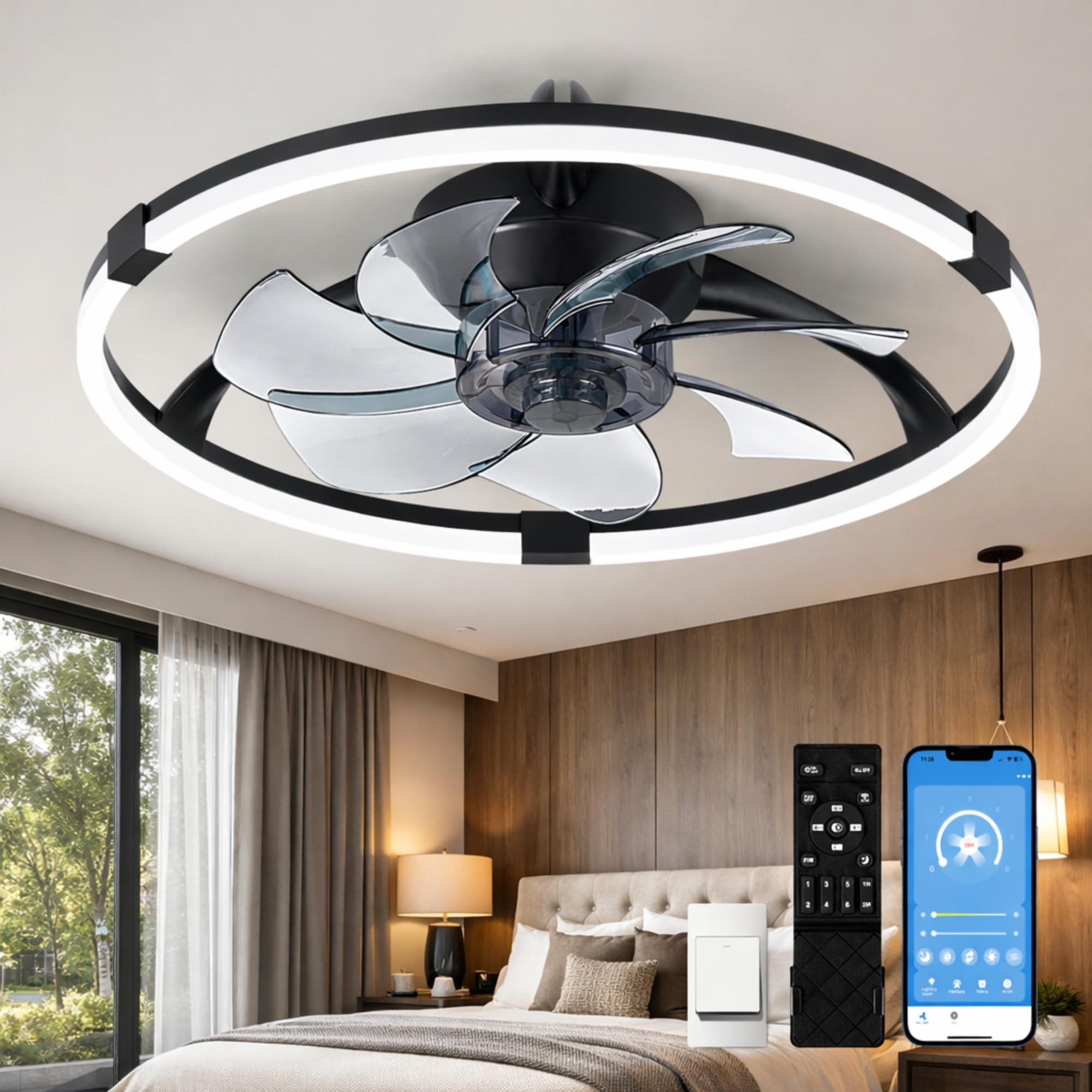 Linboro Low Profile Ceiling Fans with Lights and Remote, 20'' Fandelier Ceiling Fan Flush Mount, Dimmable LED Fan Light 3000K-6500K, Quiet Reversible Motor, Modern Ceiling Fan for Bedroom – Black