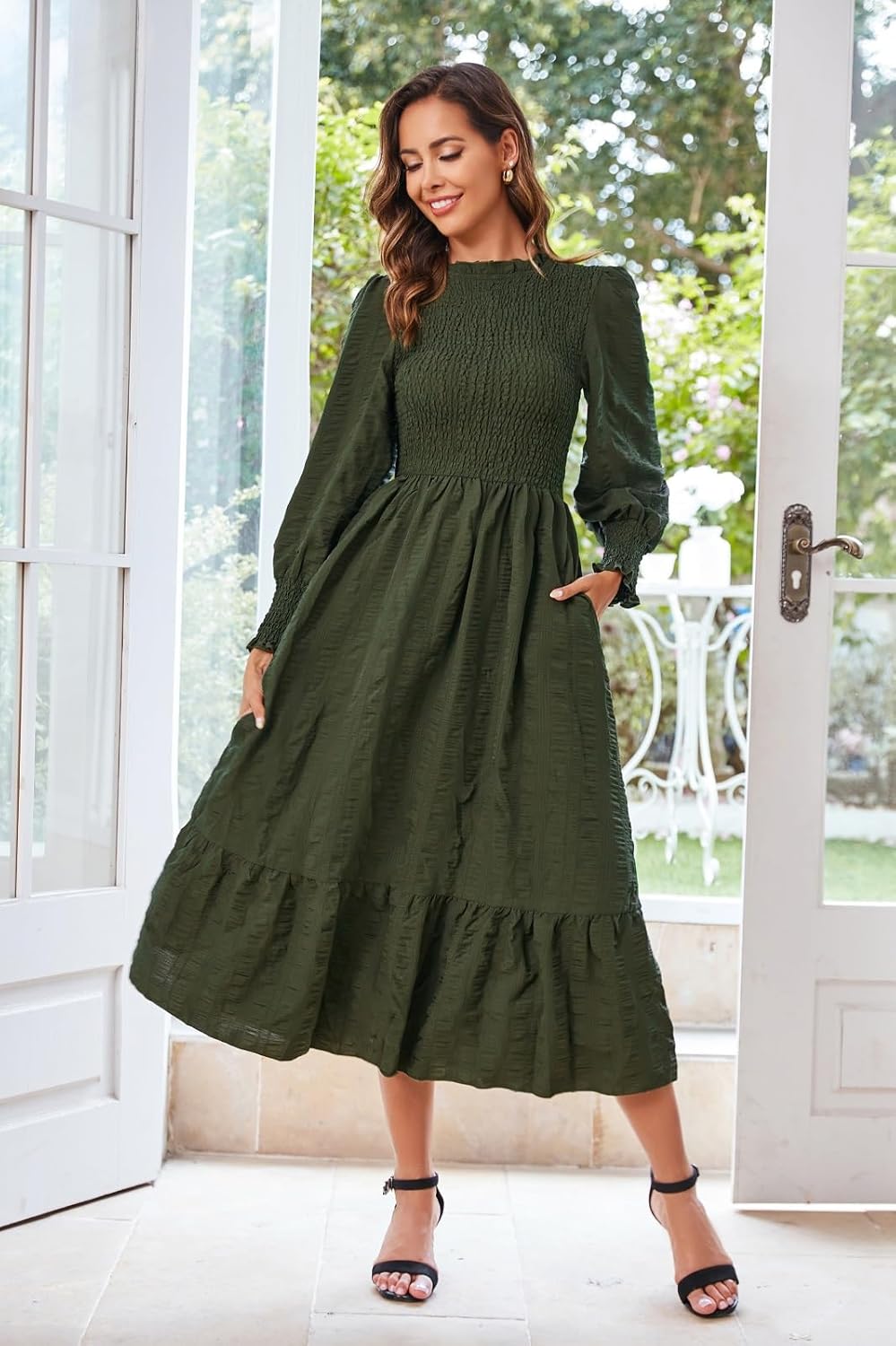 Ferrendo Women's 2026 Spring Fall Midi Dress Casual Long Sleeve Crew Neck Smocked Tiered Long Flowy Dresses with Pockets - Image 2