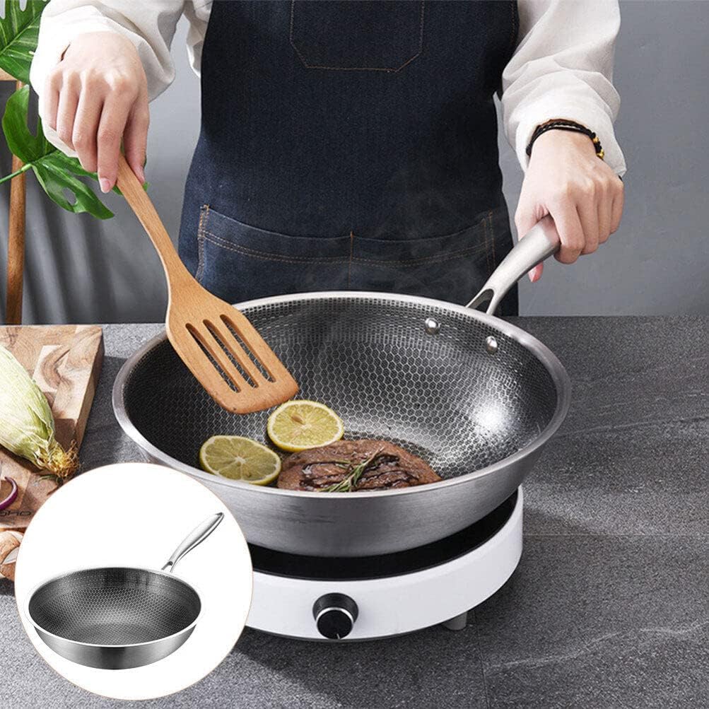 Kichvoe Stainless Steel Honeycomb Wok Pan Ergonomic Handle Heavy Duty Frying Pan for Induction and Electric Stoves Non-stick Cooking Essential