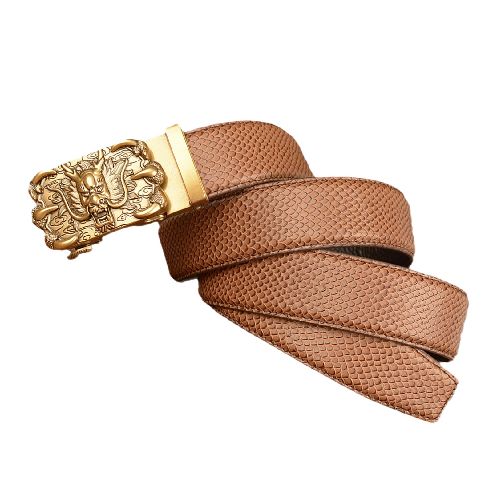 Cinturón De Trinquete Deslizante Cuero Con Patrón Piel Serpiente Dragón Grabado Hebilla Automática Estilo Occidental 125 Cm Marrón