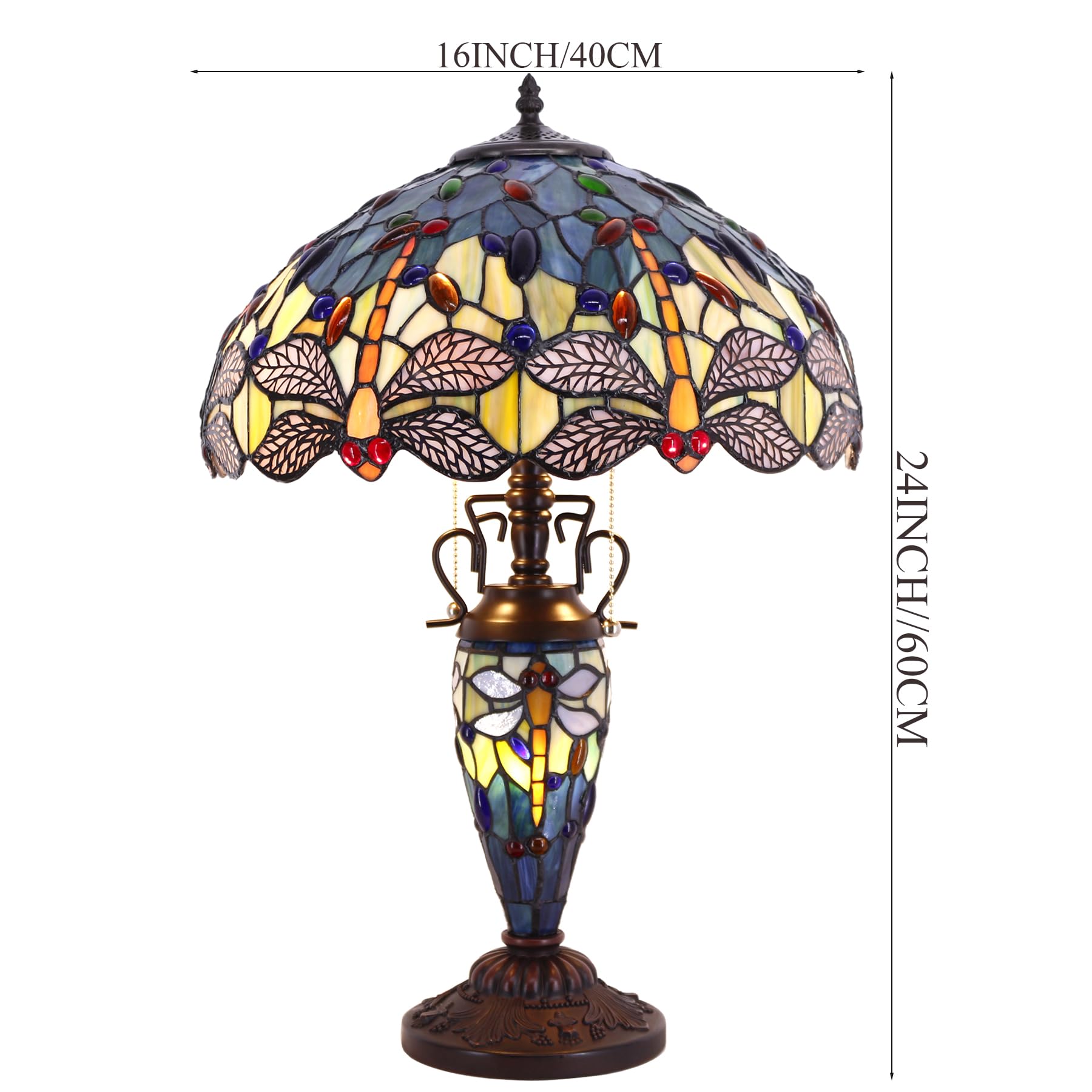 WERFACTORY Tiffany Table Lamp Sea Blue Yellow Stained Glass Dragonfly Mather-Daughter Vase Table Lamp 16X16X24 Inches Desk Light — view 5