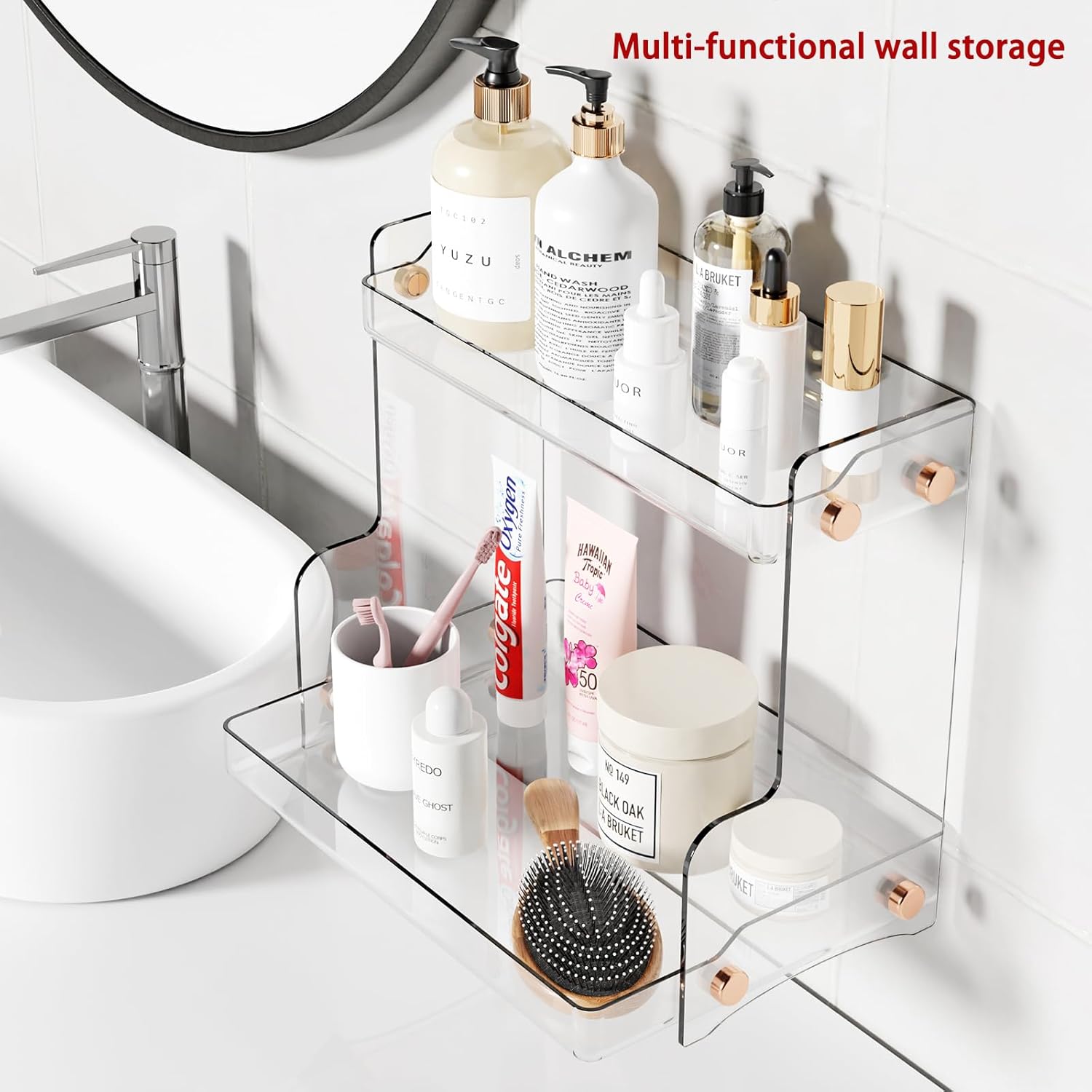 Bathroom Countertop Organizer, 2 Tier Clear Plastic Vanity Organizer with Adhesive Support, Space Saving Storage Shelf for Skincare, Perfume, Makeup and Daily Essentials