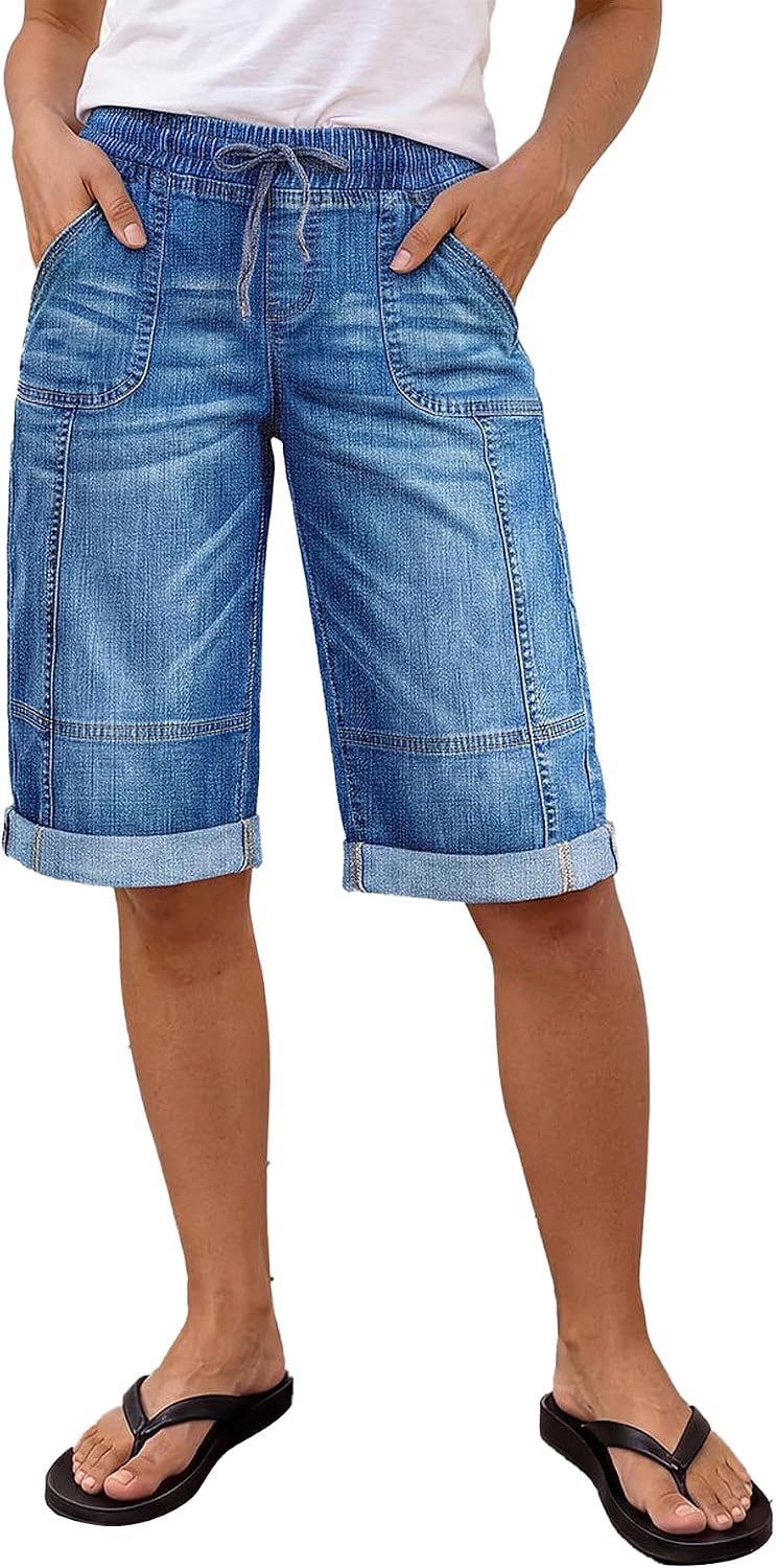 Flamingals Straight Leg Bermuda Shorts for Women Mid Rise Drawstring Washed Stitch Detail Roll Hem Denim Shorts