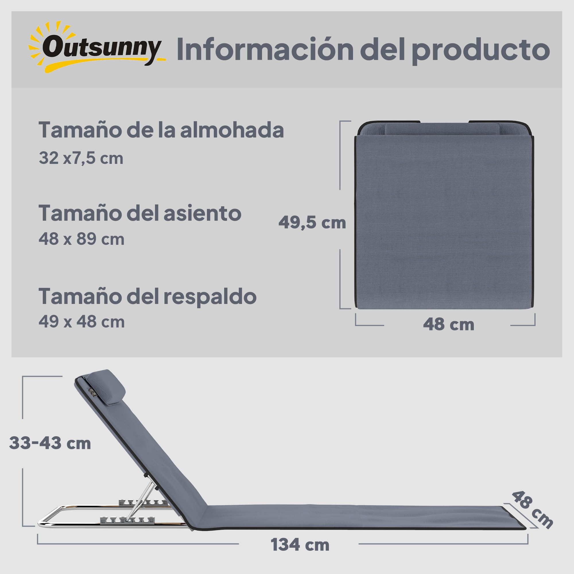 Outsunny Conjunto de 2 Esterillas de Playa Plegables, Esterillas con Respaldo Reclinable en 5 Niveles, Reposacabezas y Bolsa de Transporte, 134x48x33-43 cm, Gris