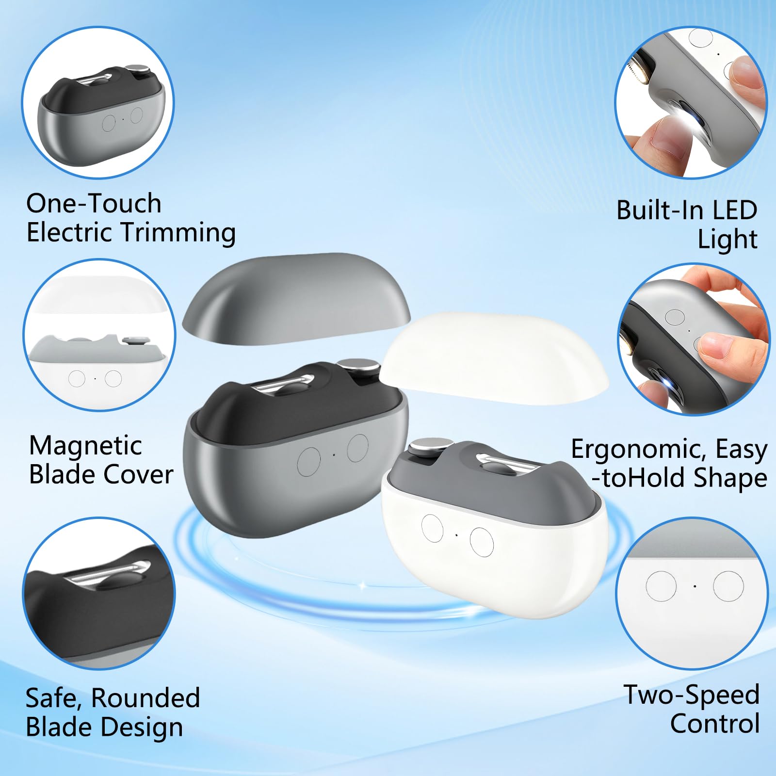 Easyclip Inteligentny obcinacz do paznokci, 3 w 1, łatwy klips, inteligentny obcinacz do paznokci, ze światłem LED, przechowywanie i polerowanie, dla seniorów, dzieci (szary)