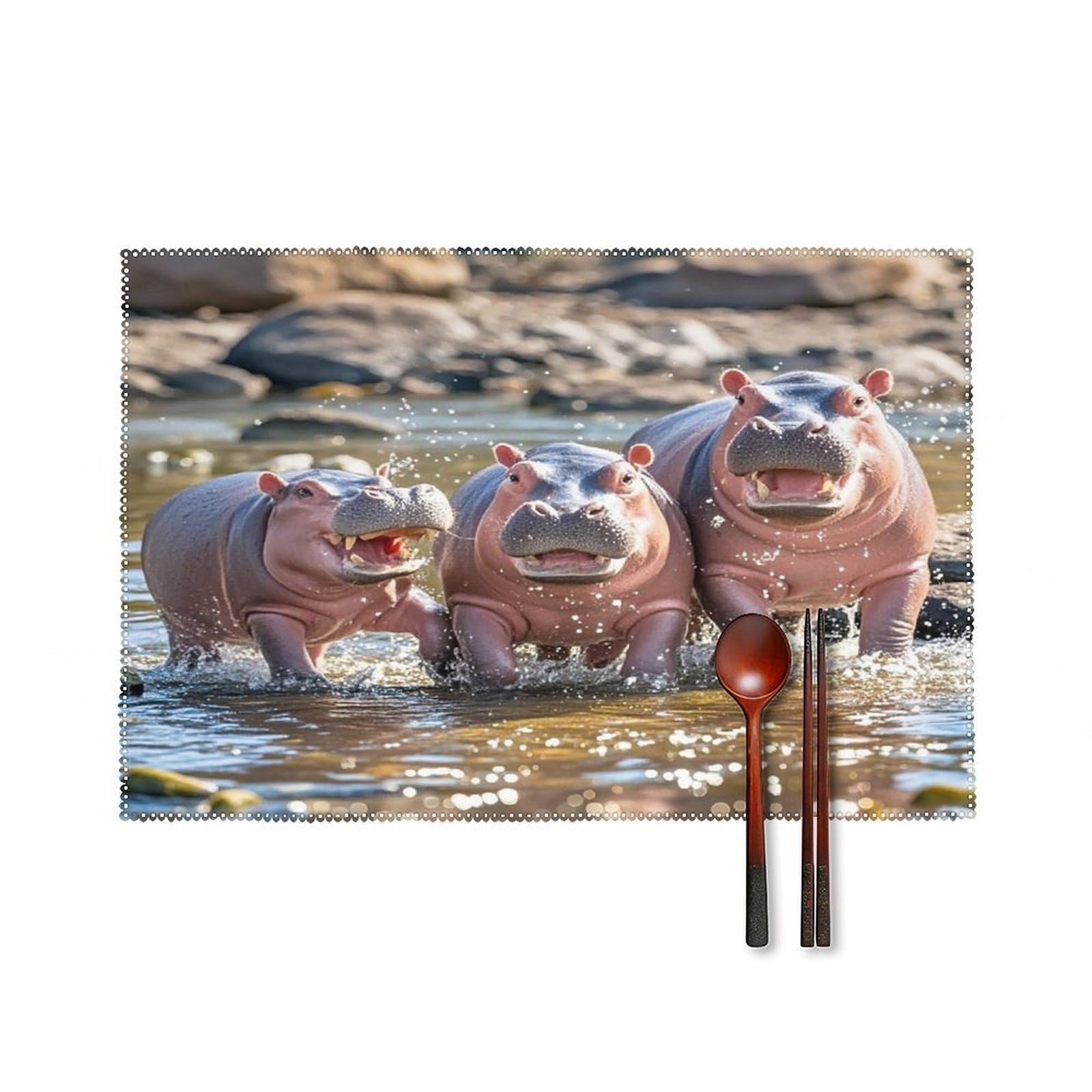 Hippos Placemats Set of 6 Heat Resistant Non-Slip Place Mats Washable Wipeable Table Mats Elegant Farmhouse Placemat for Kitchen Dining Outdoor Party Table Decor