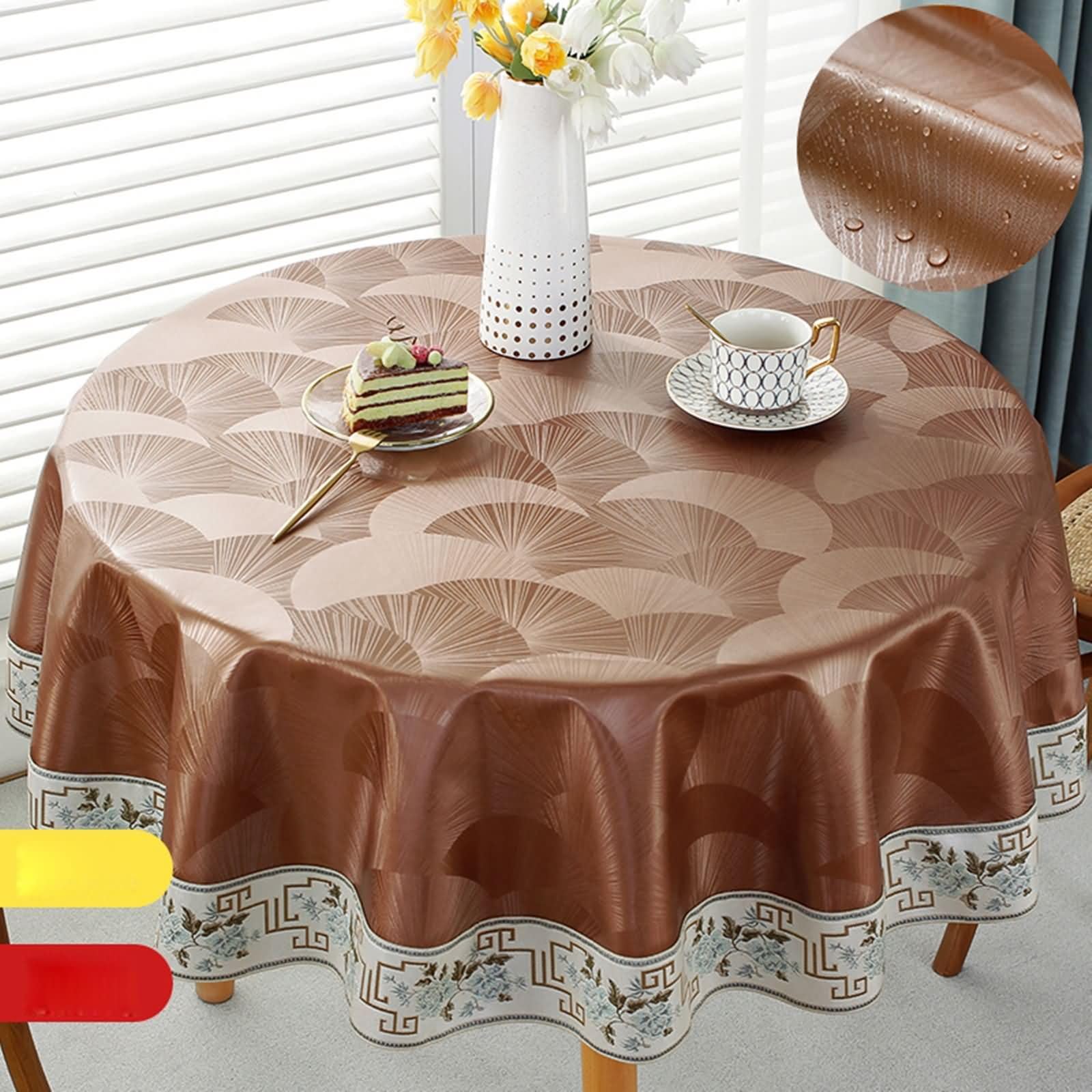 Daesar Mantel Lavable Redondo,Redondo 240CM(Redondo 94 Inch),Mantel Antimanchas PU Patrón de Luna y Bordados Manteles de Mesa Marrón