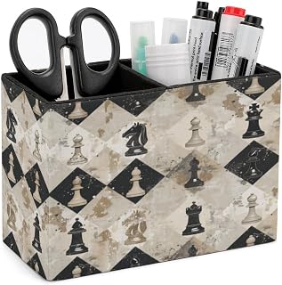 Pen Holder for Desk,Chess Piece Brown Pattern Printed Square Leather Pencil Holder Double Compartments，Desktop Organizer Office Accessories Container Box