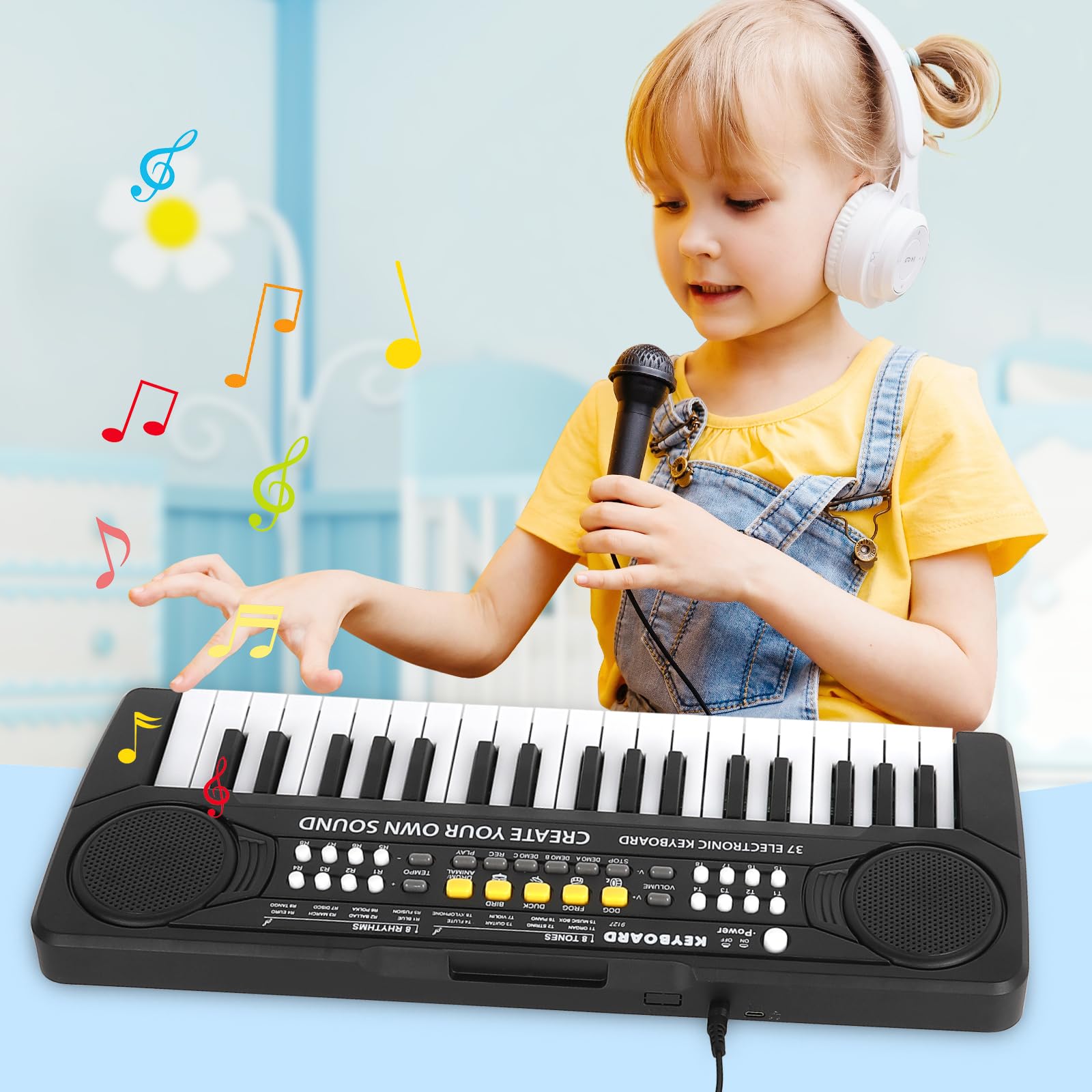 Piano Enfant 37 Touches Avec Micro - Jouet Musical Bleu Pour Filles 2-6 Ans - Fonction Enregistrement Et Partitions