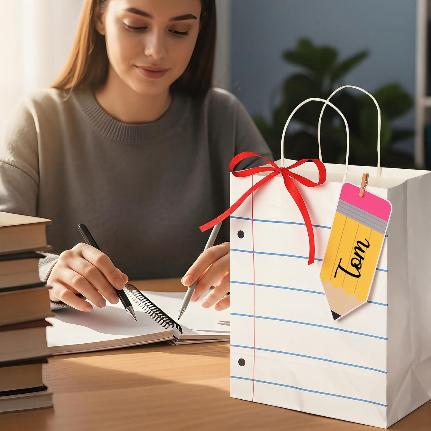Sabary 24 Sets Teacher Appreciation Gift Bags with Name Tags Markers Clips Ribbons Thank You Teacher Paper Bags 10.6'' x 8.3'' x 4.3'' Lined Notebook Theme for End of Year Graduation Retirement Gifts
