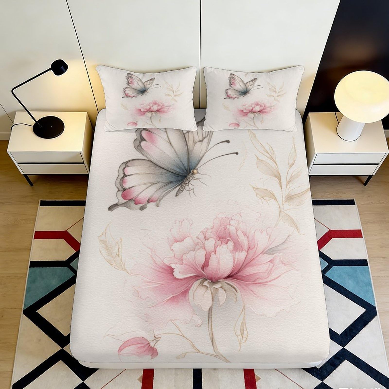 3D Printed Butterfly Peony Fitted Sheet Microfiber Soft Beige Pink Bed Cover for Bedroom Dorm Mattress Decor 180x200x25cm