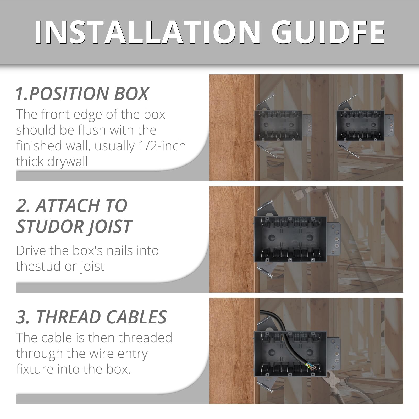 Caja de toma de corriente eléctrica/interruptor de PVC de 3 bandas, 44 pulgadas cúbicas, caja de salida de clavos gris con certificación ETL (9 piezas)