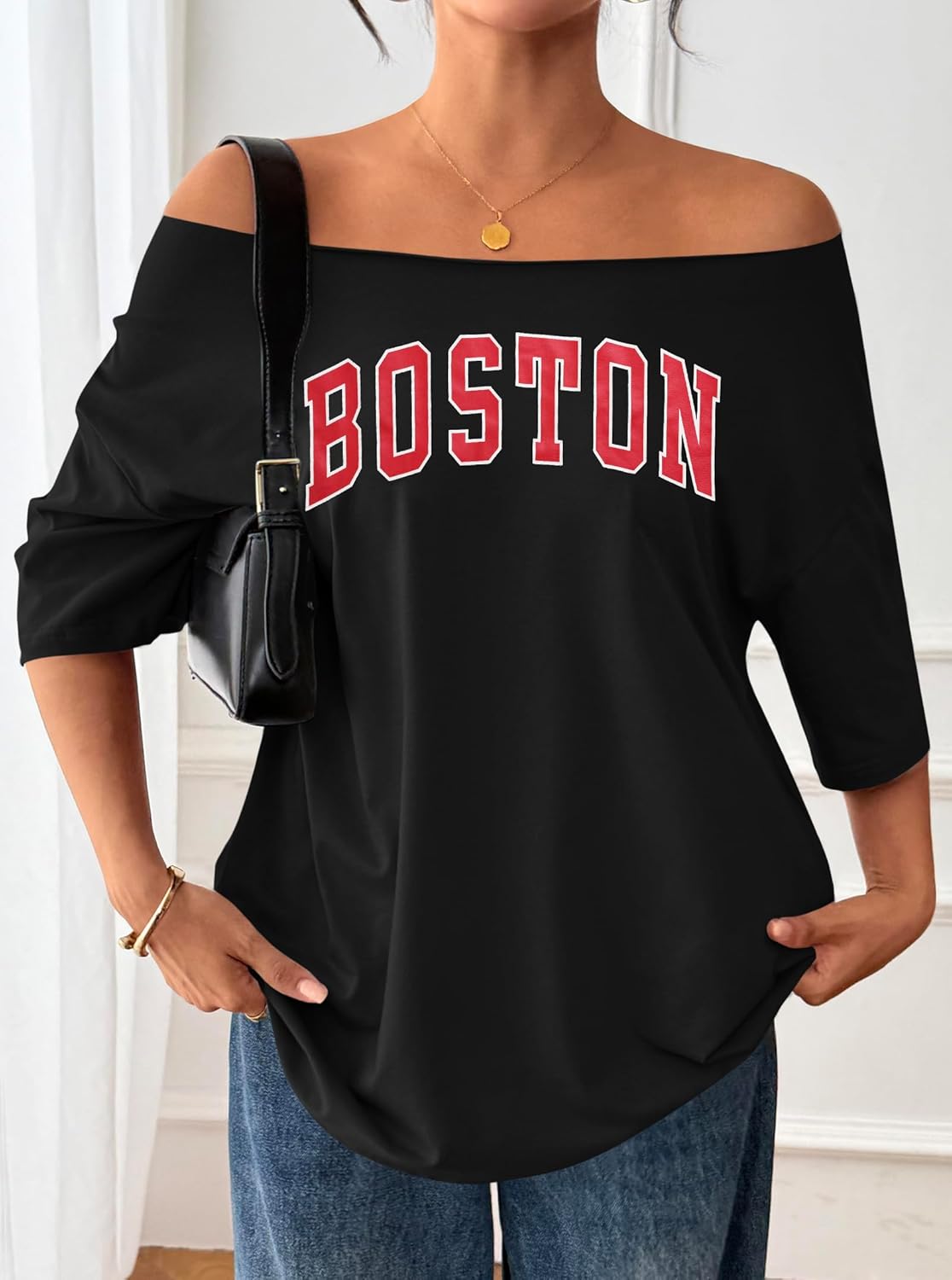 Remidoo Women's Oversized T Shirt Off The Shoulder Tops Short Sleeve Shirts Graphic Tees - Image 6