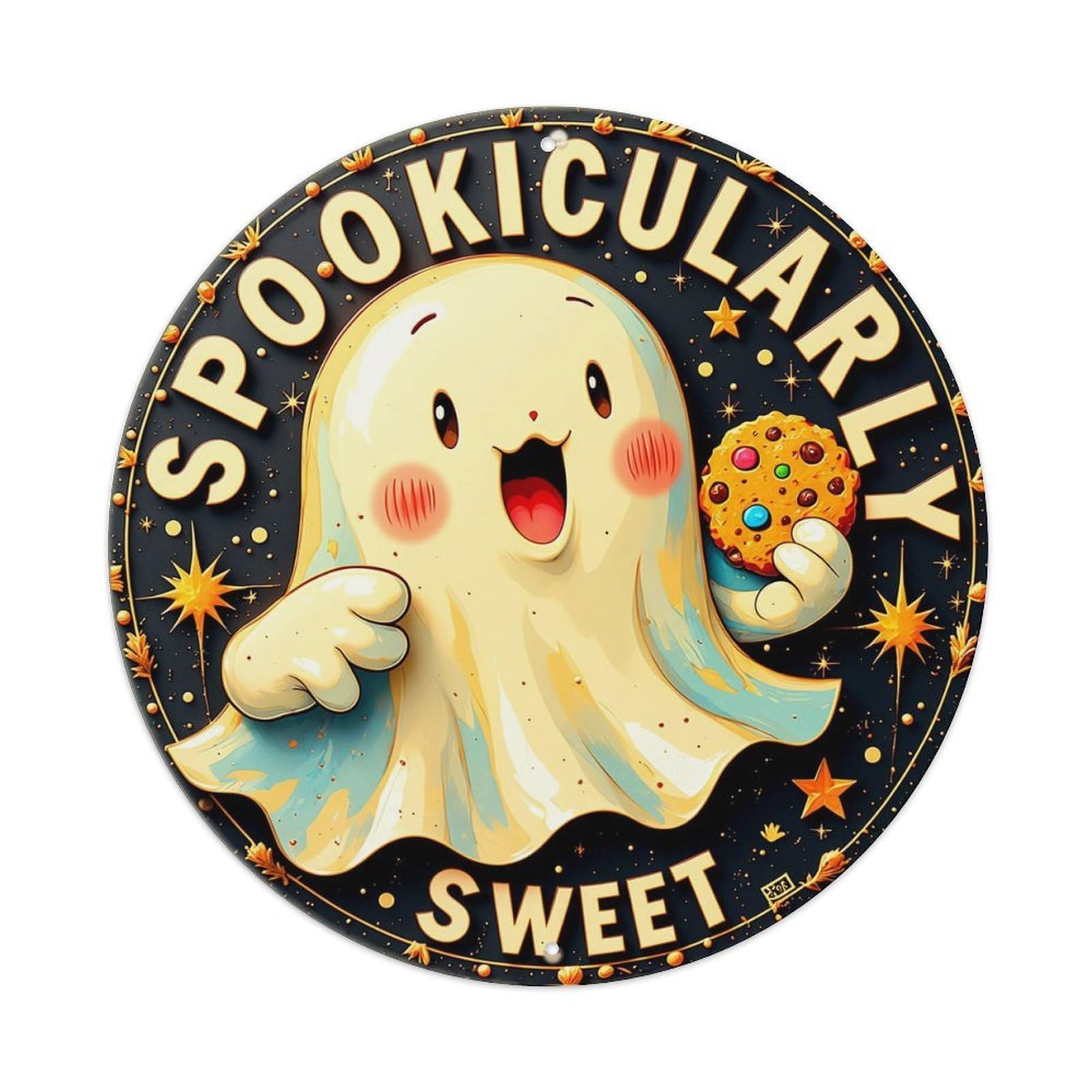 Ghost Holding Cookie Starry Background Retro Metal Sign Round Tin Sign, Vintage Decor Art Poster for Bar, Home, Man Cave, Kitchen, Laundry Room Gift 8x8Inch