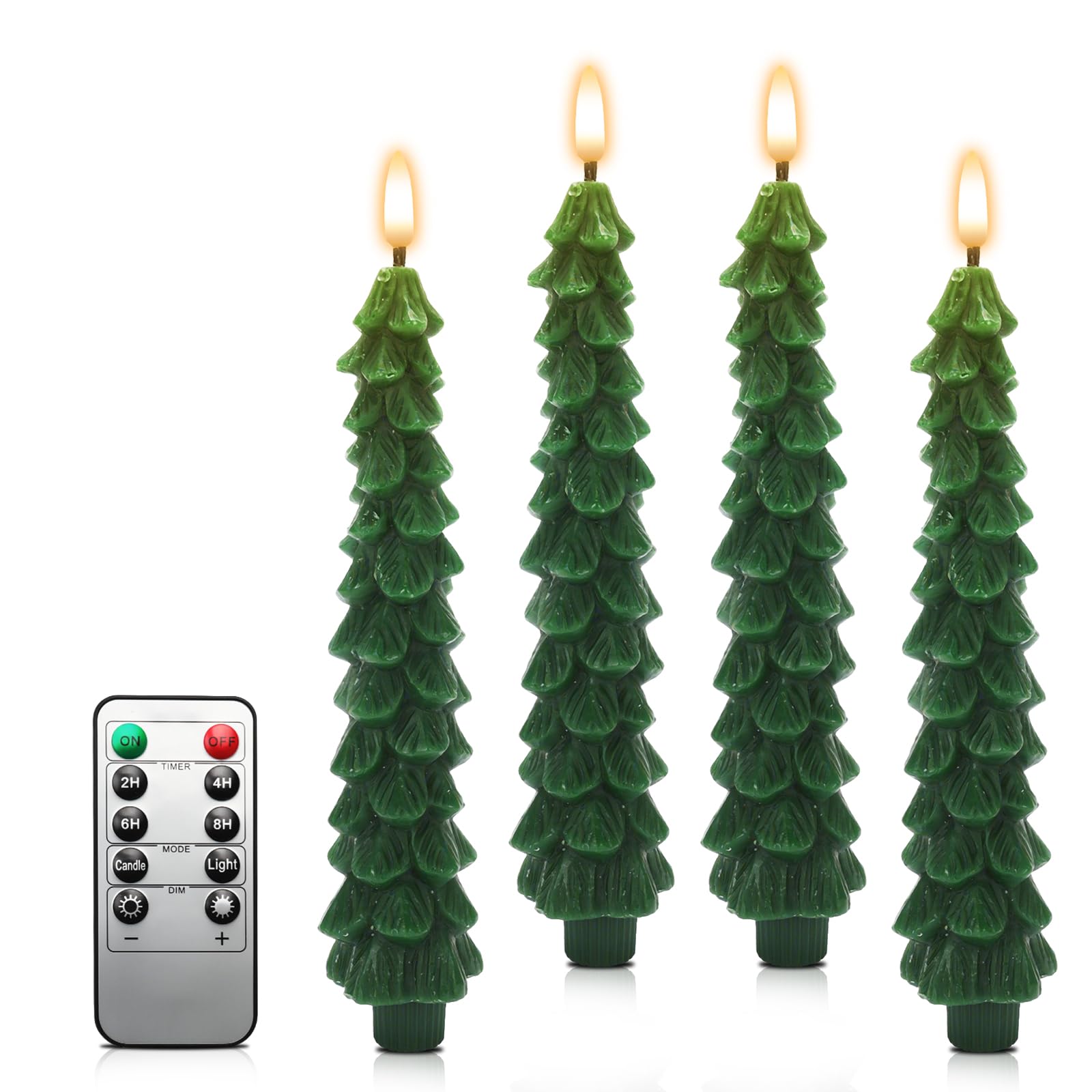 Roadtime, Candele per albero di Natale con telecomando e timer, 4 pezzi di candele LED in cera a bastoncino tremolanti, candele senza fiamma a batteria con stoppino 3D, candele verdi per decorazione