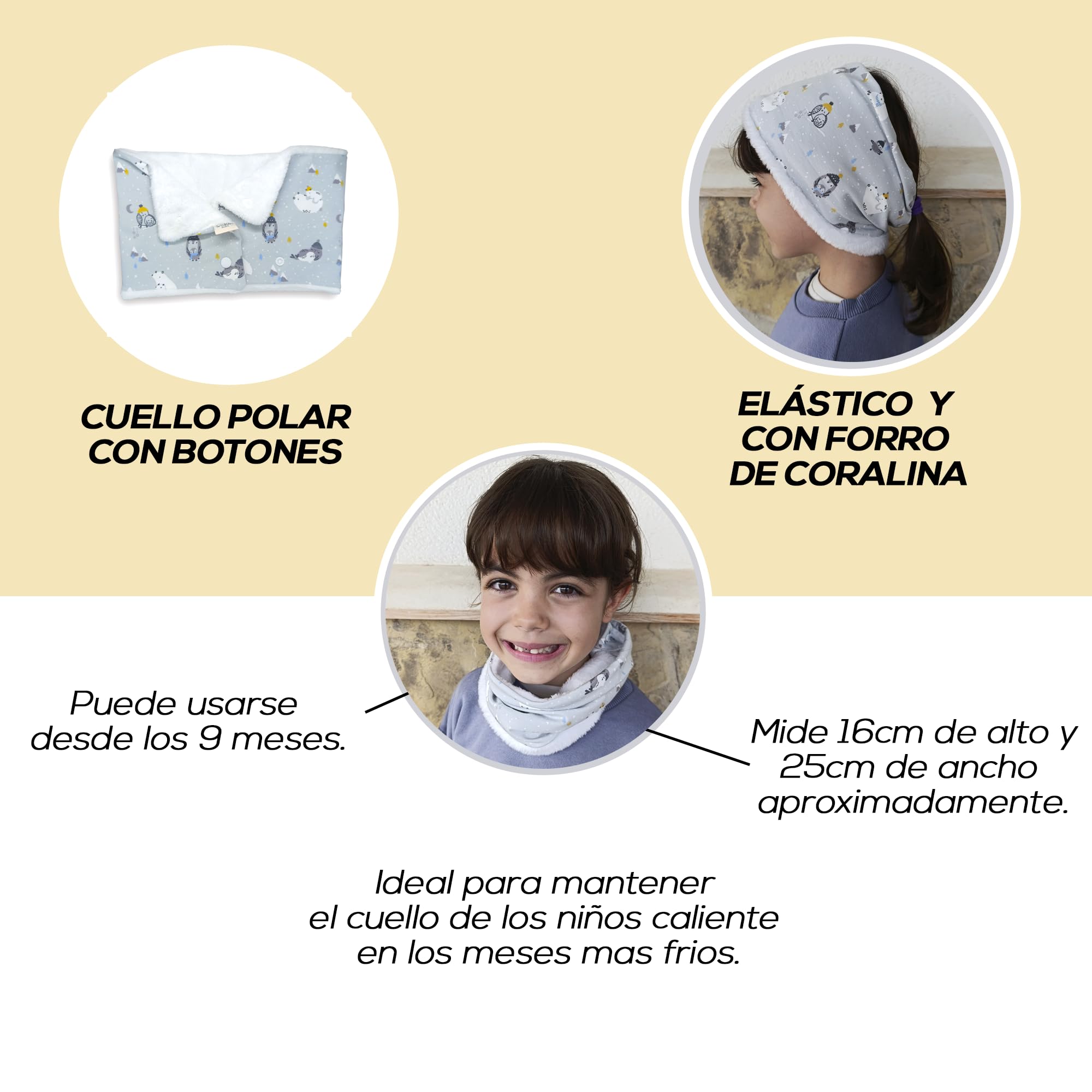 Braga Cuello Bebe - Bufanda Bebe - Braga Cuello Niño y Niña - Cuello Polar con botones – Confeccionado en España- Algodón orgánico - Desde los 9 meses