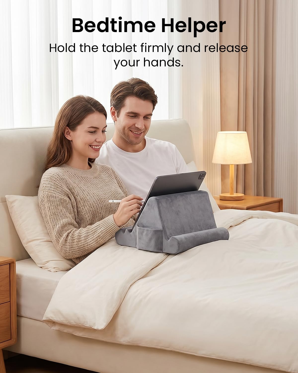 Support tablette en forme de coussin, coussin doux pour les genoux, support tablette pour le lit avec 3 angles de vue, poche, support pour stylet, compatible avec iPad Pro 13, 10.5, Air, Mini