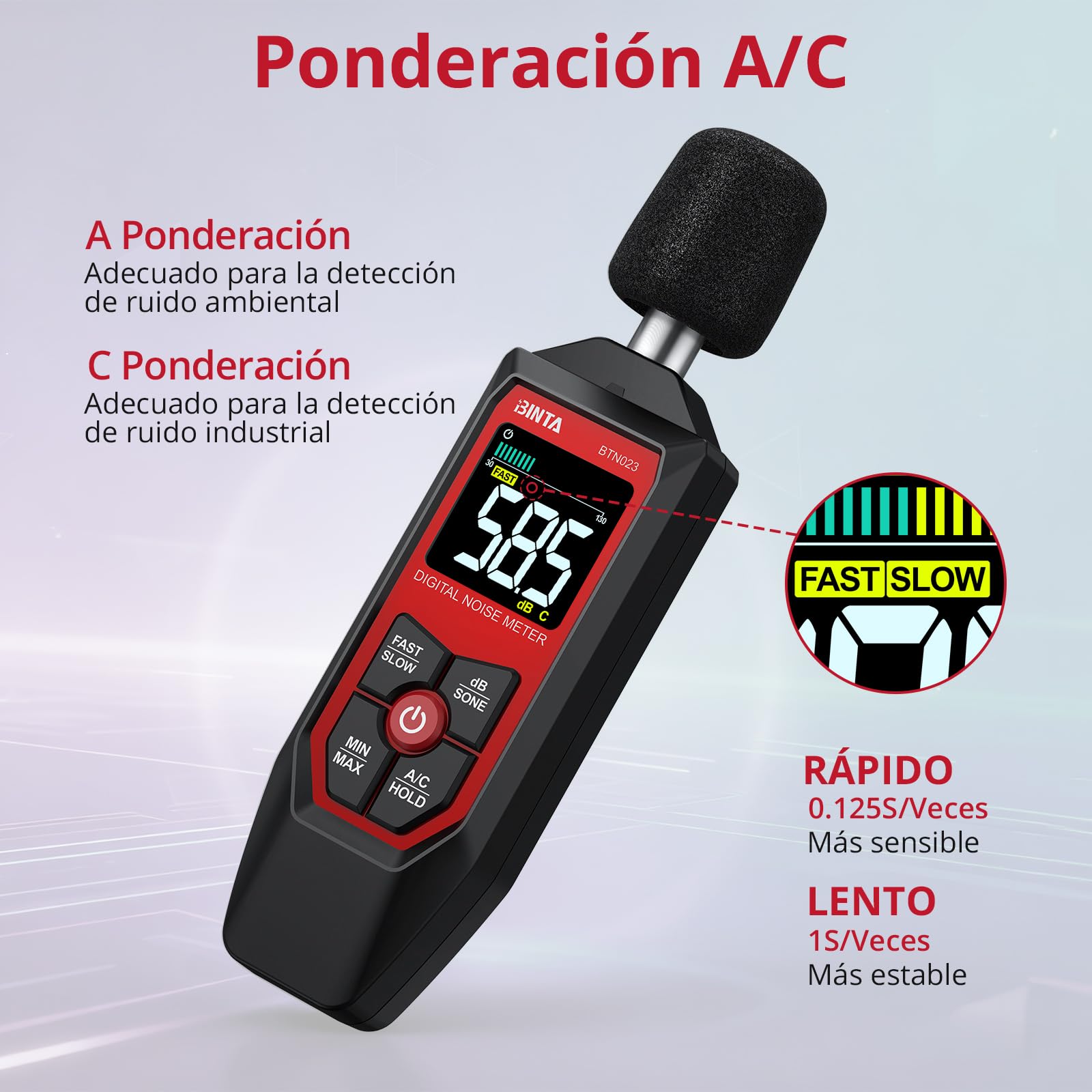 BINTA Medidor Decibelios Decibelímetro Sonómetro Medidor Digital de Nivel de Sonido con A/C Ponderación, Rango 30-130dB,Max/Min, Unidad dB/SONE, Retención de Datos para Casa Oficina Fábrica Vecino